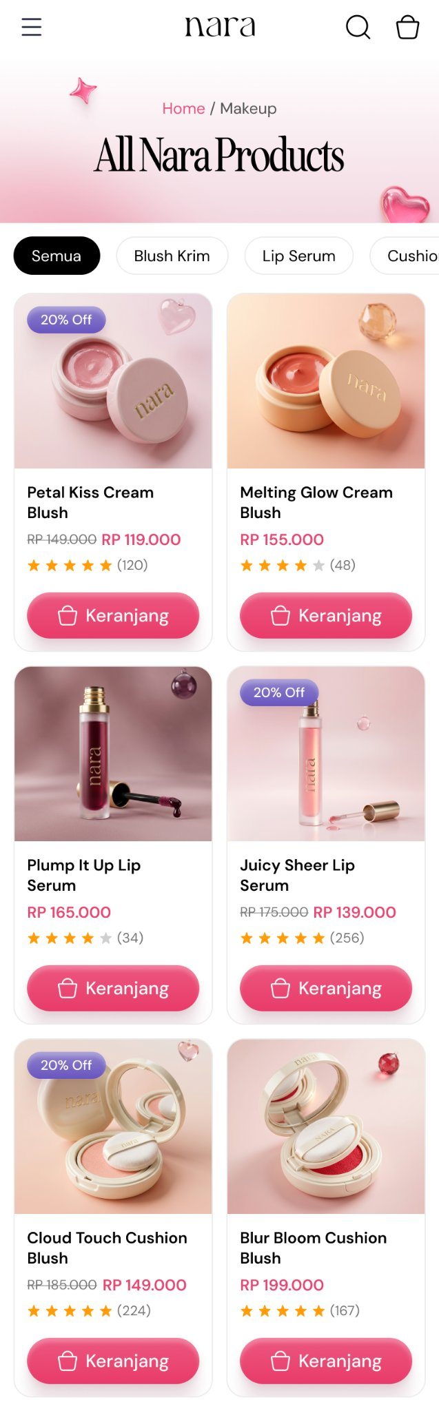Nara product catalog with filters, mobile view