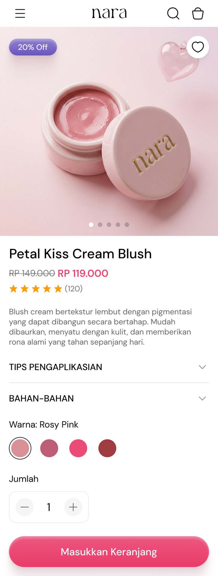 Nara Petal Kiss Cream Blush product page, mobile view