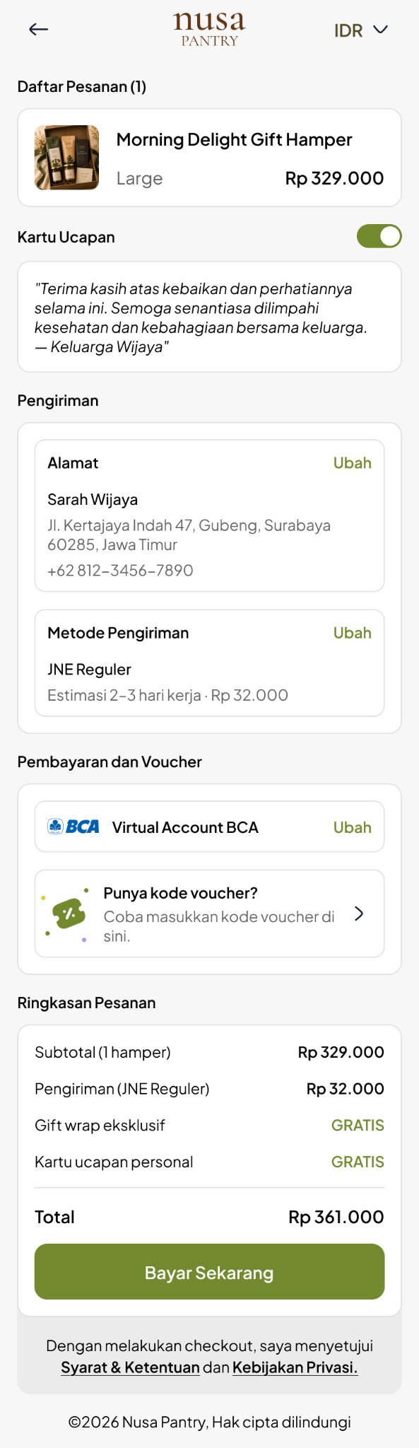 Nusa Pantry checkout with gift card and payment options, mobile view